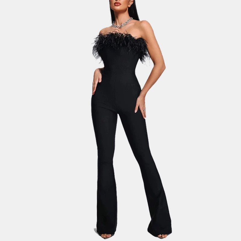 One Shoulder Long Sleeve Black Bandage Jumpsuit