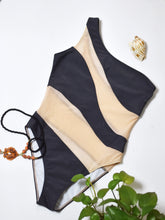 Oblique Shoulder See-through Plain Patchwork One-Piece Swimsuit