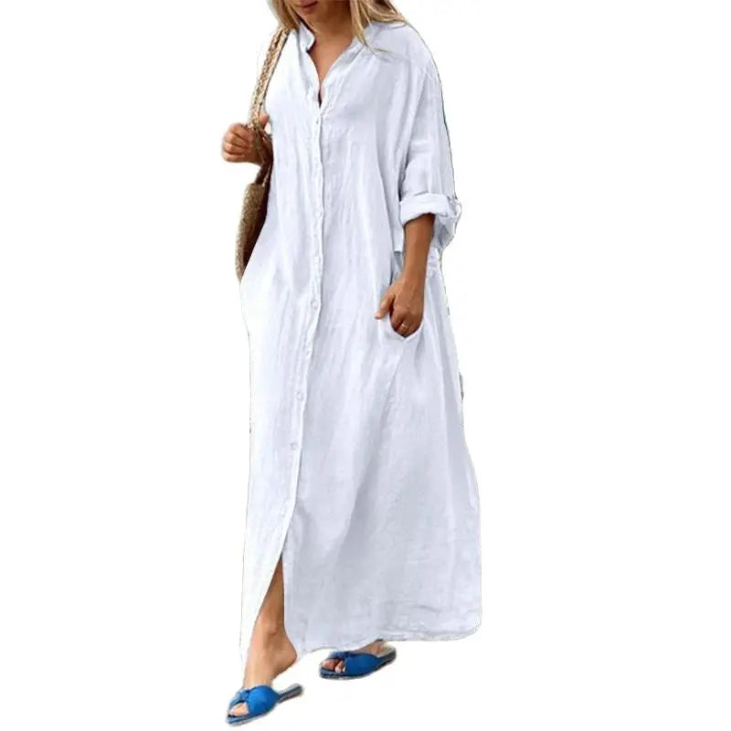 Women’s Casual Cotton-Linen Blend Maxi Dress – Loose Fit Floor-Length Shirt Dress with Pockets