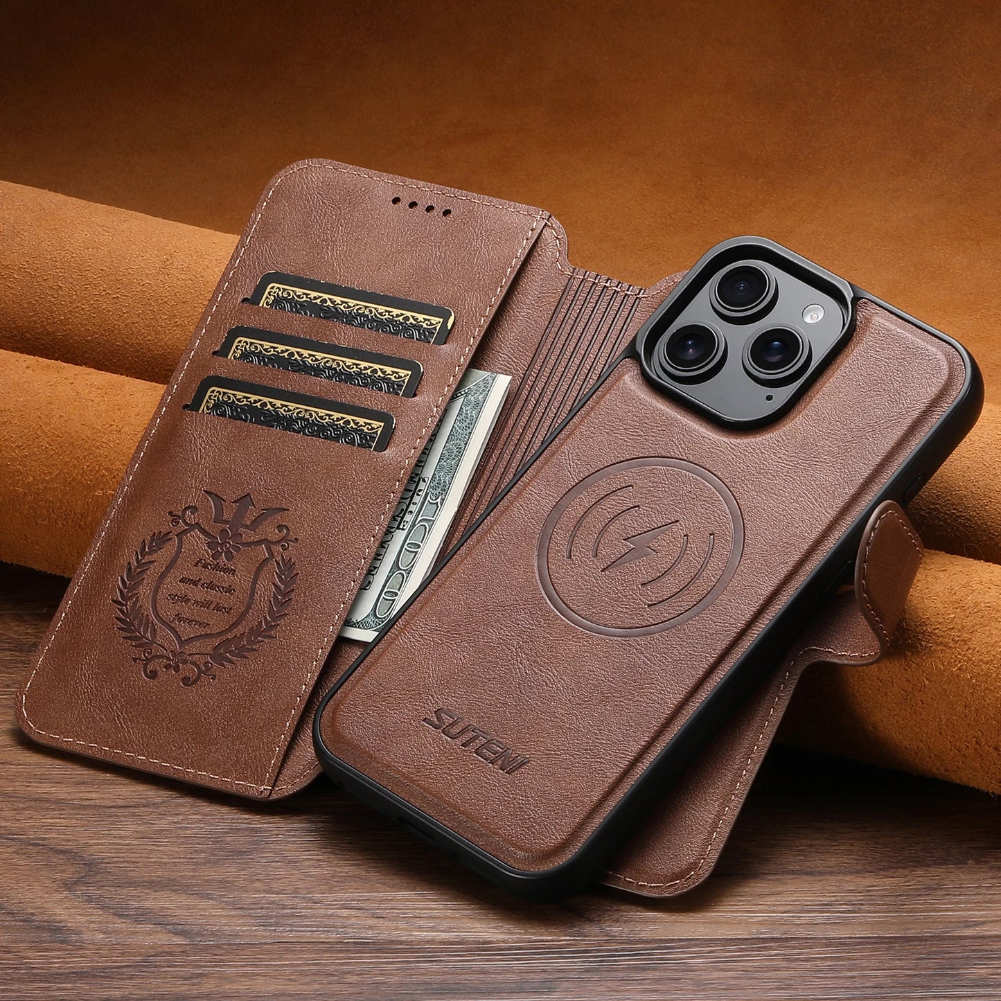 Faux Leather Wireless Charging Card Holder For iPhone