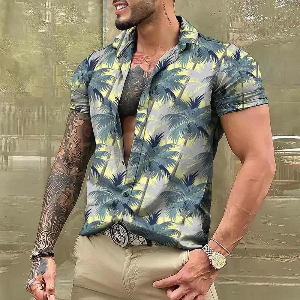 3D Plant Print Quick-Dry Short Sleeve Shirt