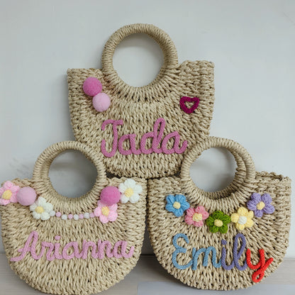 Personalized Hand-Woven Straw Tote Bag – Custom Embroidered Beach & Vacation Crossbody Bag
