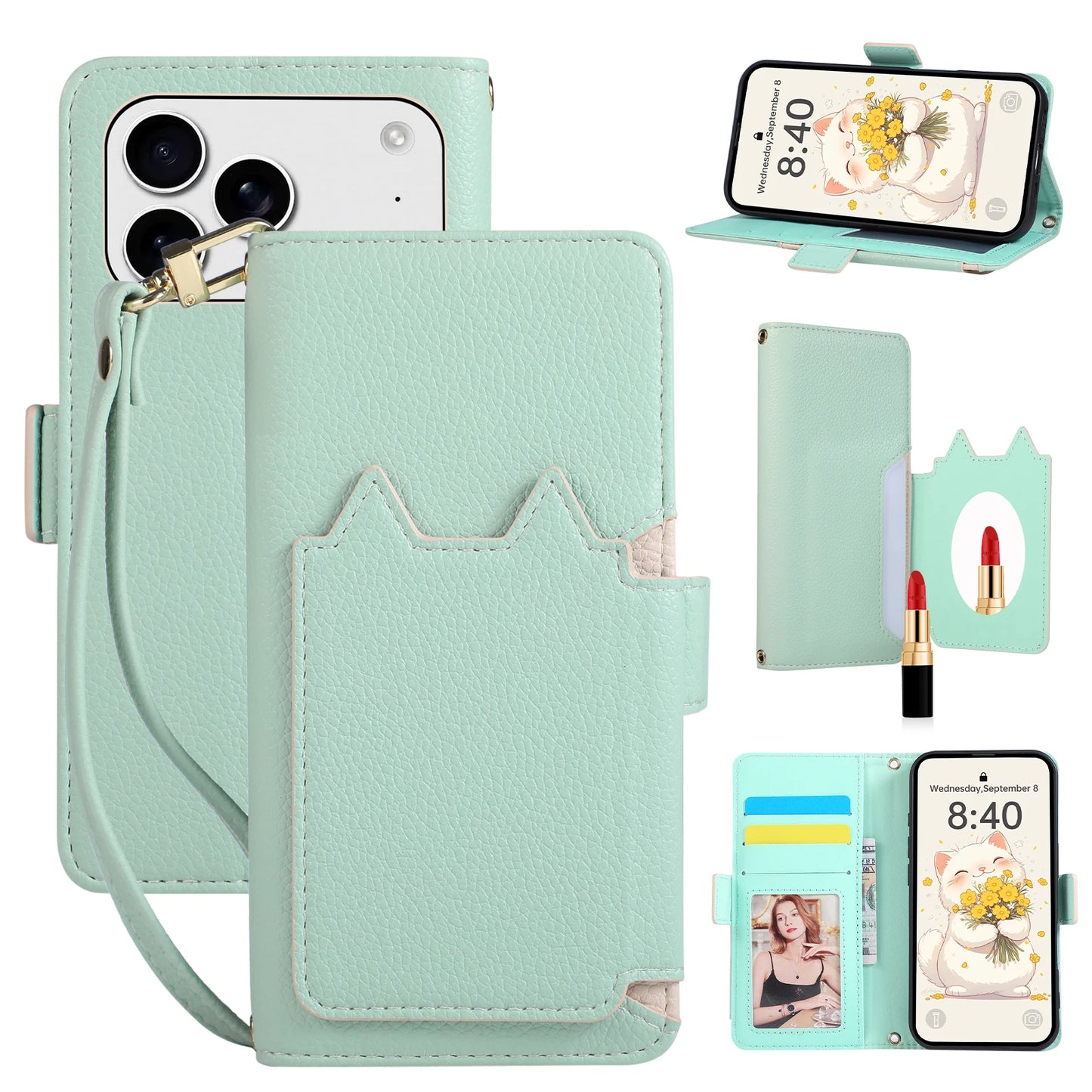 Cat Shape Litchi Leather Flip Wallet Phone Case with Mirror for iPhone