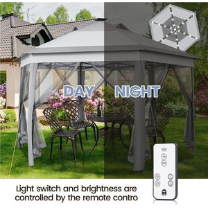 13×13 Pop-Up Patio Gazebo Tent W/Mesh Netting Sides & 25 Solar LED Lights