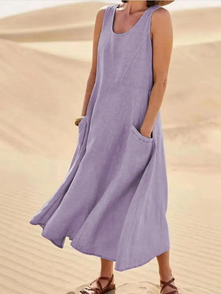 Cotton Linen Sleeveless Double Big Pocket Loose Dress