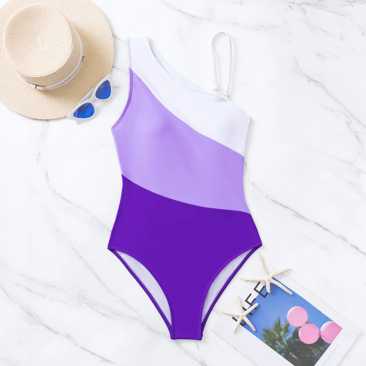One-shoulder Color-blocking High-waisted One-piece Bikini