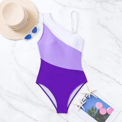 One-shoulder Color-blocking High-waisted One-piece Bikini