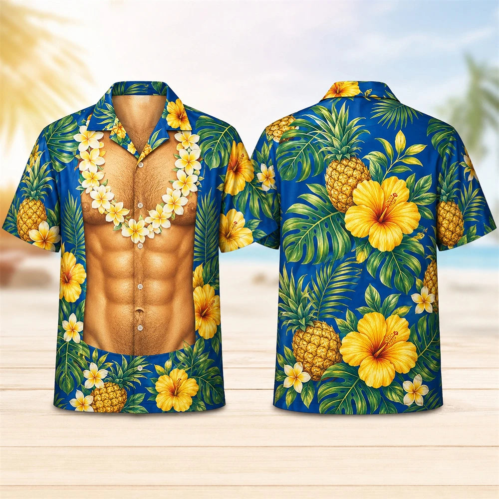 Men's Tropical Hawaiian Shirt - Muscle Print Novelty Short Sleeve Button Down Beach Resort Shirt
