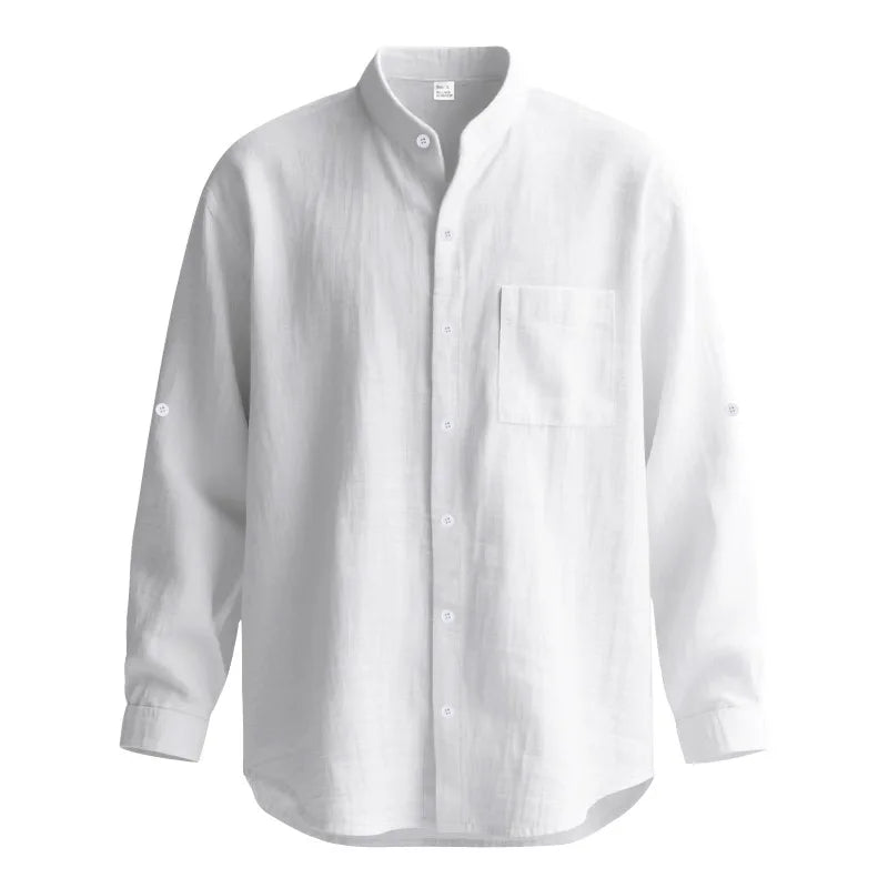 Men's White Linen Button-Down Mandarin Collar Vacation Shirt