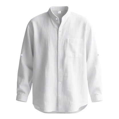 Men's White Linen Button-Down Mandarin Collar Vacation Shirt