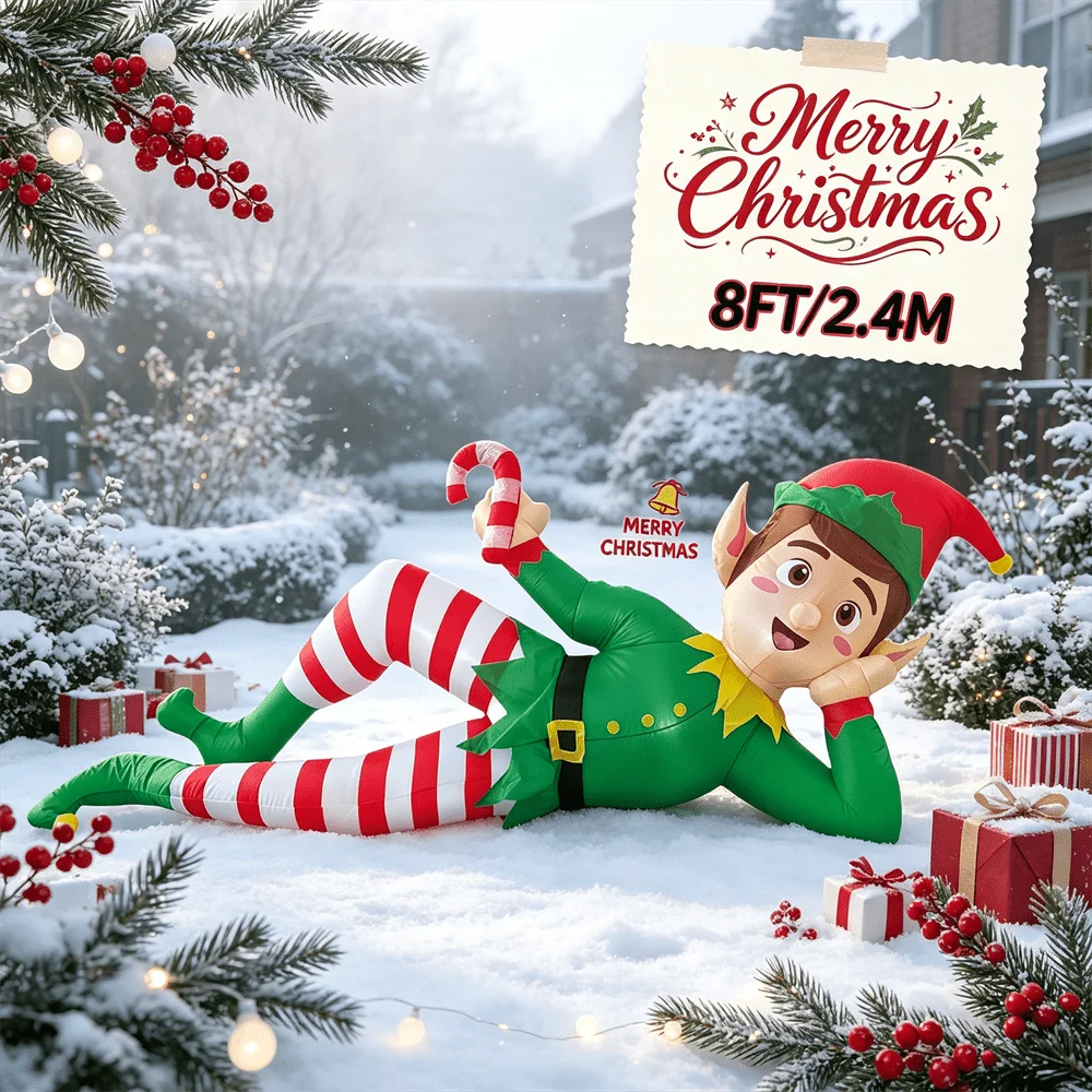 8FT Christmas Inflatable Lying Elf with Candy Cane