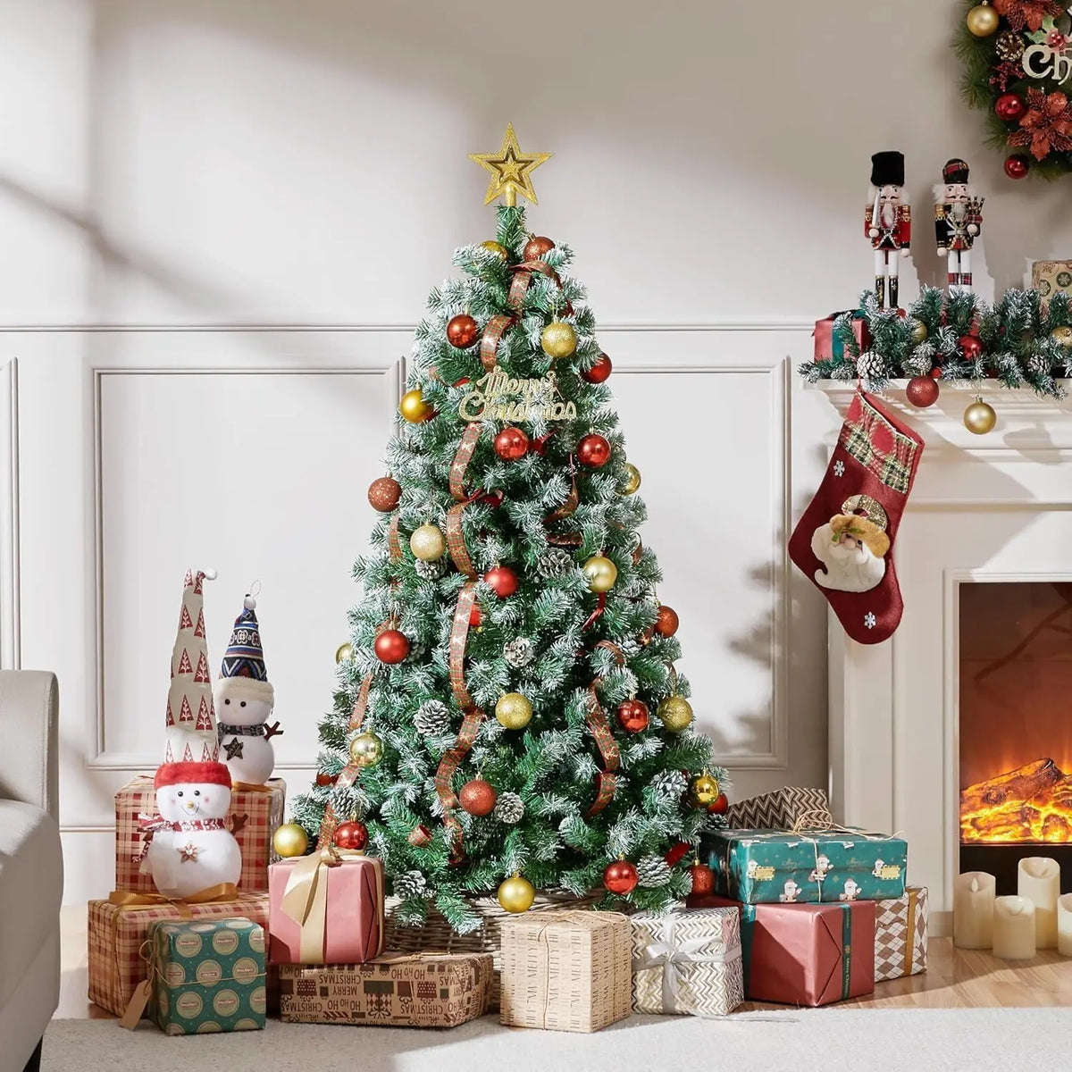 Pre-Lit Snow-Flocked Artificial Christmas Tree – Slim Holiday Tree with Pine Cones (4.5FT - 7.5FT)