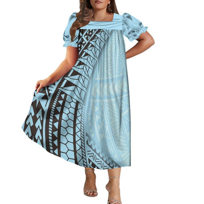 Women's Short-Sleeve Puff Sleeve Square Neck Midi Dress