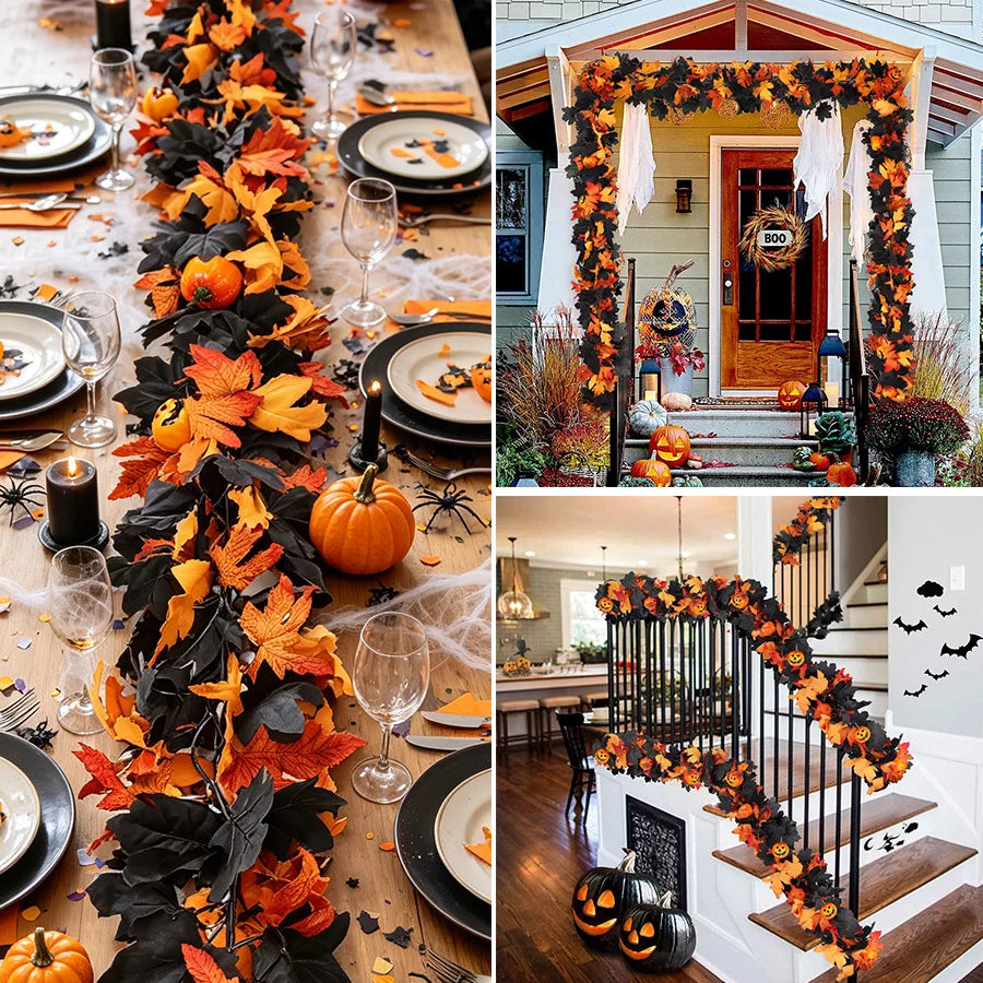 Halloween Artificial Red & Black Maple Leaf Garland
