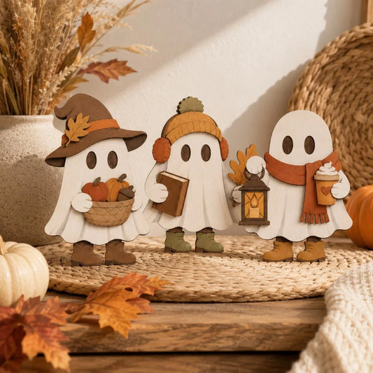 3Pcs Wooden Autumn Ghost Decorative Ornaments - Vintage Thanksgiving & Halloween Table Decor