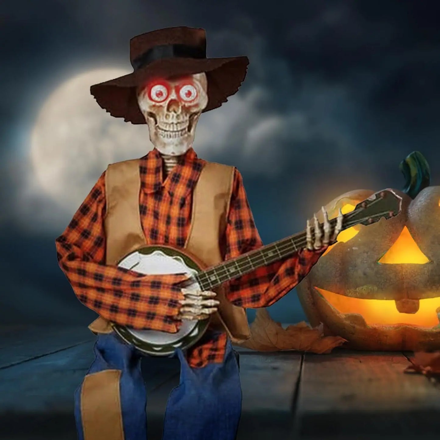 Animated Banjo Playing Skeleton Scarecrow Halloween Decor