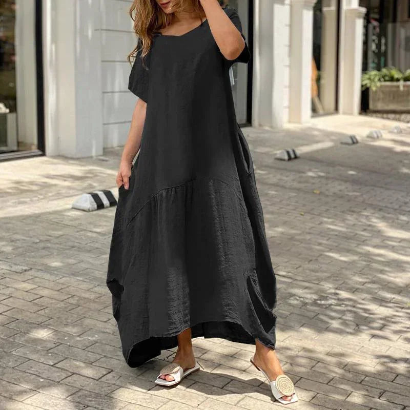 Women's Round Neck Cotton Linen Casual Pocket Summer Midi Dress