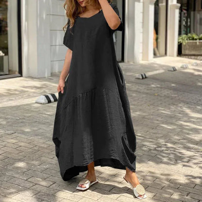 Women's Round Neck Cotton Linen Casual Pocket Summer Midi Dress