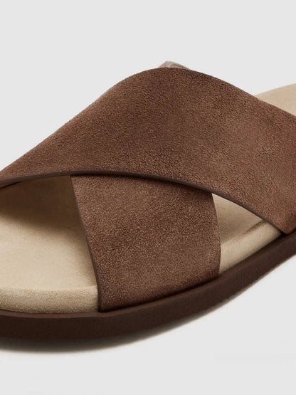 Men's Genuine Suede Leather Cross-Strap Platform Slippers