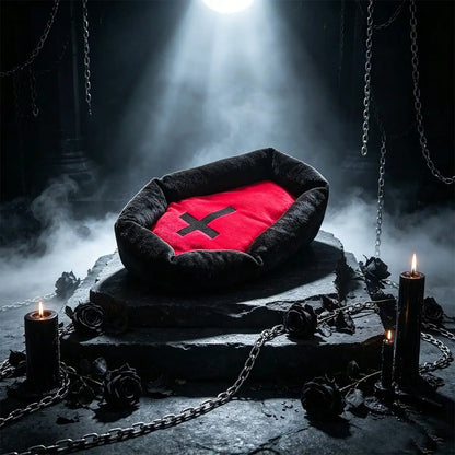 Gothic Coffin Pet Bed Mat with Red Cross Accent