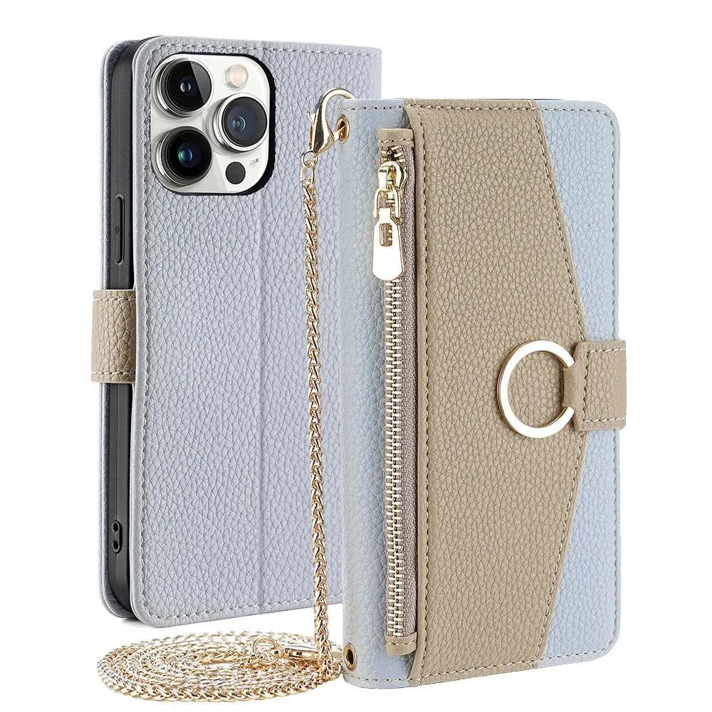 Crossbody Leather Zipper Wallet Case for iPhone Flip Mirror Cover Long Lanyard