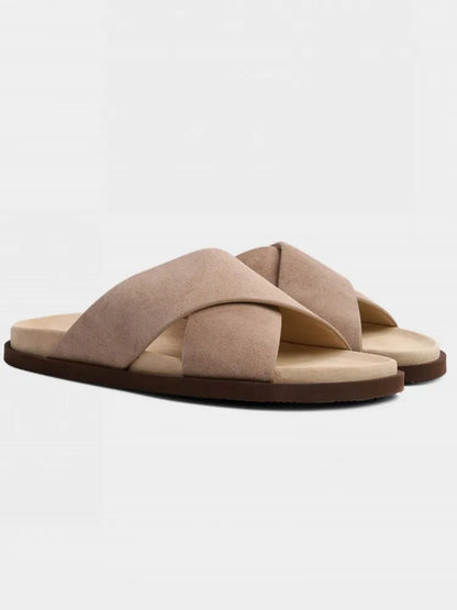 Men's Genuine Suede Leather Cross-Strap Platform Slippers