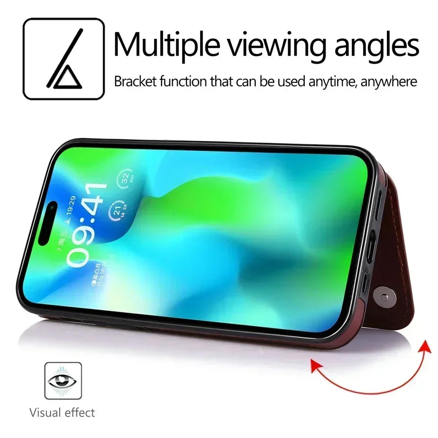 Double Button With Card Slot Stand Flip Leather Case For iPhone