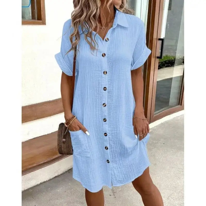V-Neck Single-Breasted Mini Dress - Casual Loose Fit Short Sleeve Summer Dress