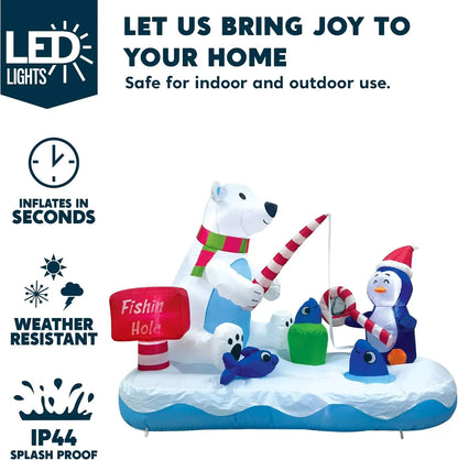 6 FT Long Christmas Inflatable Penguin & Polar Bear Fishing Yard Decoration