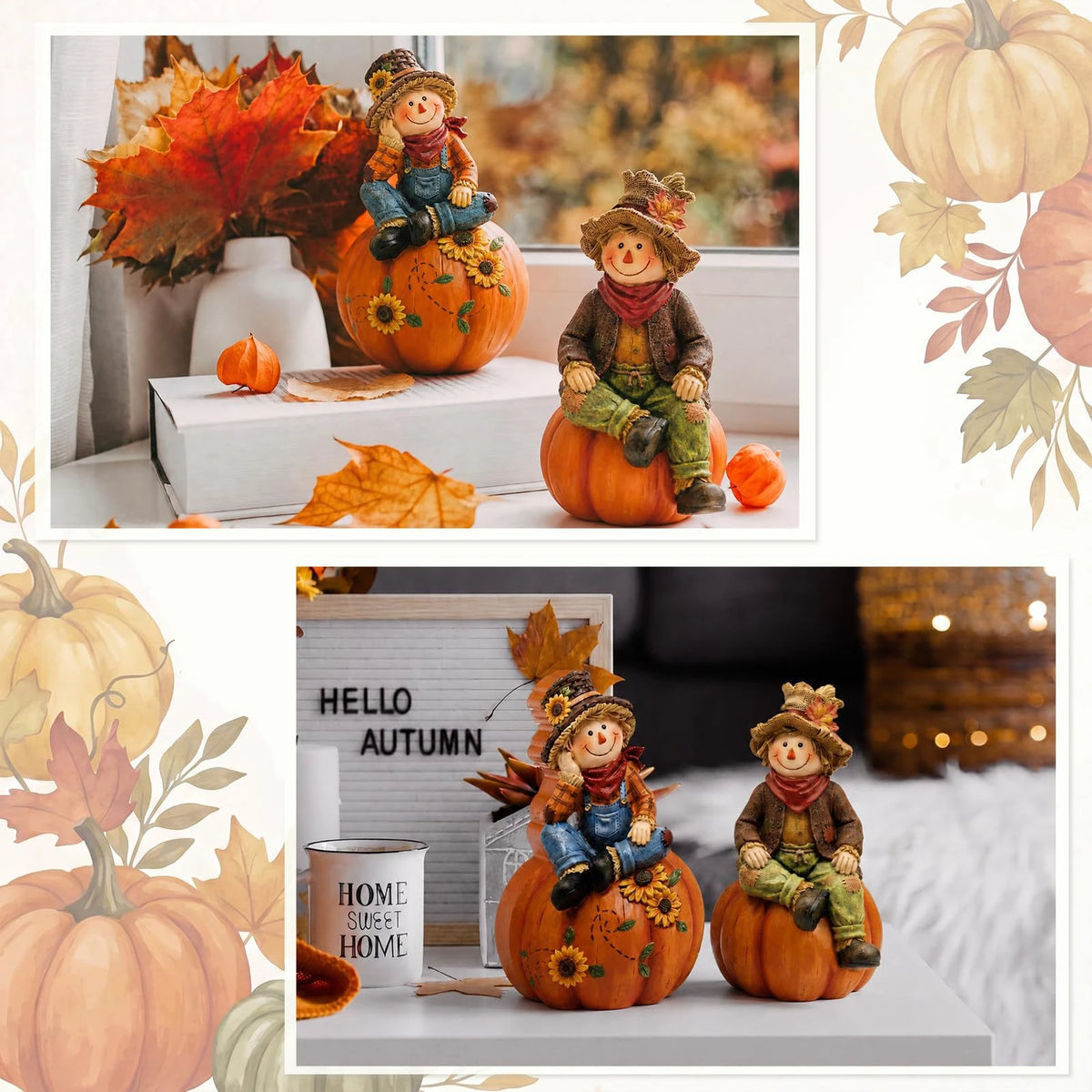 2-Piece Autumn Scarecrow Wooden Table Ornaments - Thanksgiving Standee Decor Set