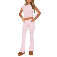 Short Sleeve Crop Tops Solid Color Skinny Pants Sets