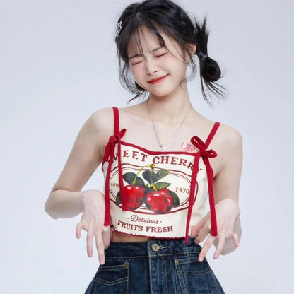 Cherry Print Crop Tank Top - Slim Fit Bow Camisole