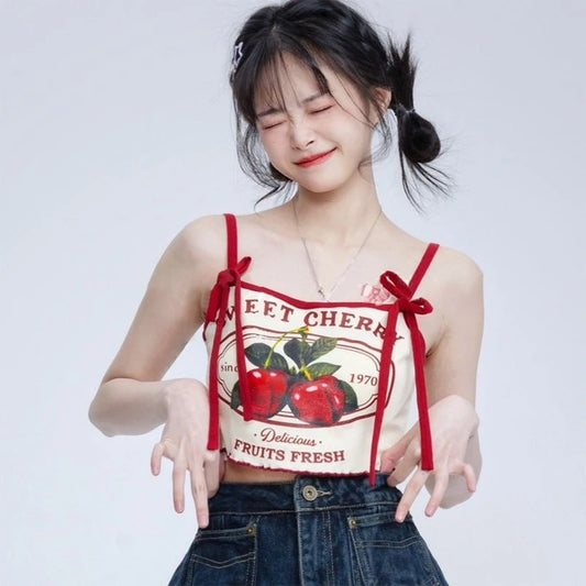 Cherry Print Crop Tank Top - Slim Fit Bow Camisole