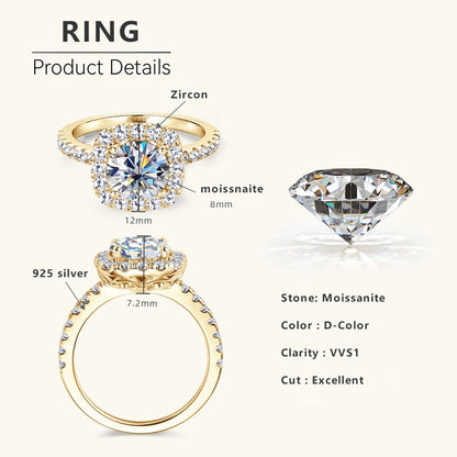 8mm 2ct Moissanite Halo Ring Certified 925 Sterling Silver