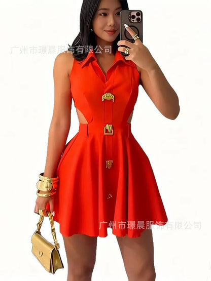 Women's Casual Sleeveless Hooded V-Neck Midi Dress with Side Buttons & Pockets