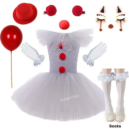 Girls' Pennywise Halloween Costume Dress Set - Creepy Clown Tutu Outfit for Kids
