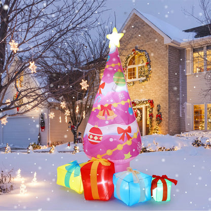 7FT Pink Christmas Tree Inflatable With LED Lights Gift Boxes