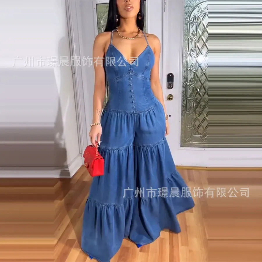V-neck Strap Sleeveless Wide Leg Jumpsuit