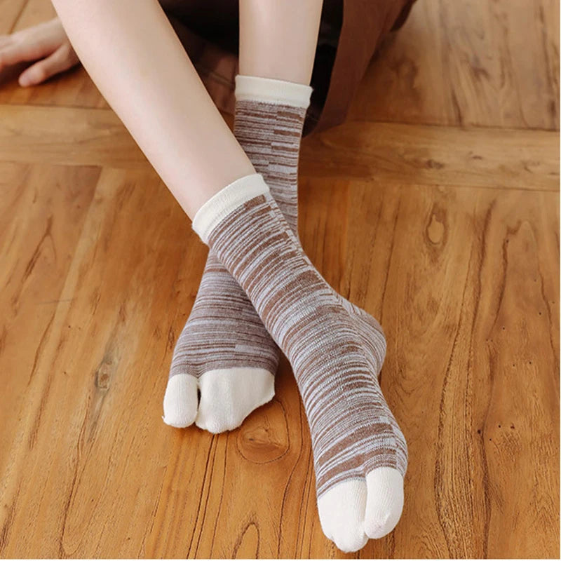 Unisex Retro Striped Cotton Tabi Split-Toe Socks (5-Pack)