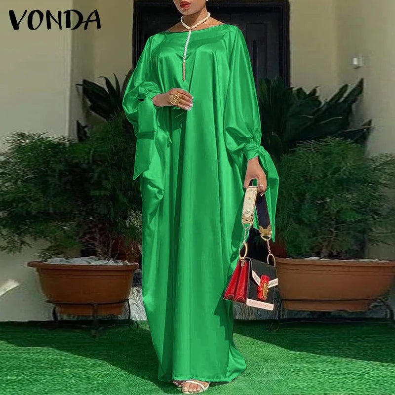Women’s Long Sleeve Satin Maxi Dress – Vintage Floral Print Boho Sundress