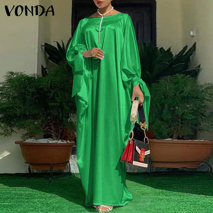Women’s Long Sleeve Satin Maxi Dress – Vintage Floral Print Boho Sundress