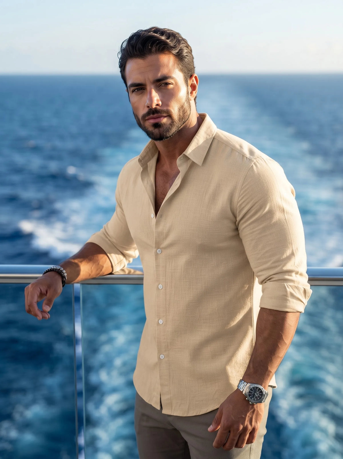 Men's Slim Fit Cotton Casual Long Sleeve Shirt - Lightweight Roll-Up Cuff Button Down