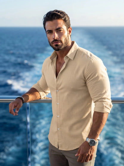 Men's Slim Fit Cotton Casual Long Sleeve Shirt - Lightweight Roll-Up Cuff Button Down