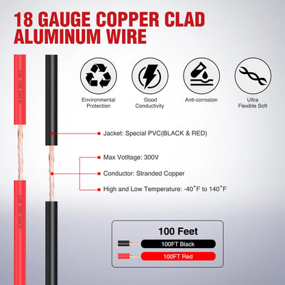 Nilight 100FT Copper Clad Aluminum Wire - Red/Black 2-Conductor 12V/24V DC Extension Cable
