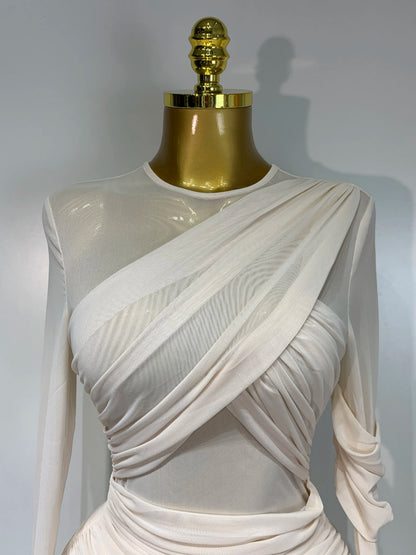 Women's Ruched Mesh Long Sleeve Bodycon Evening Dress
