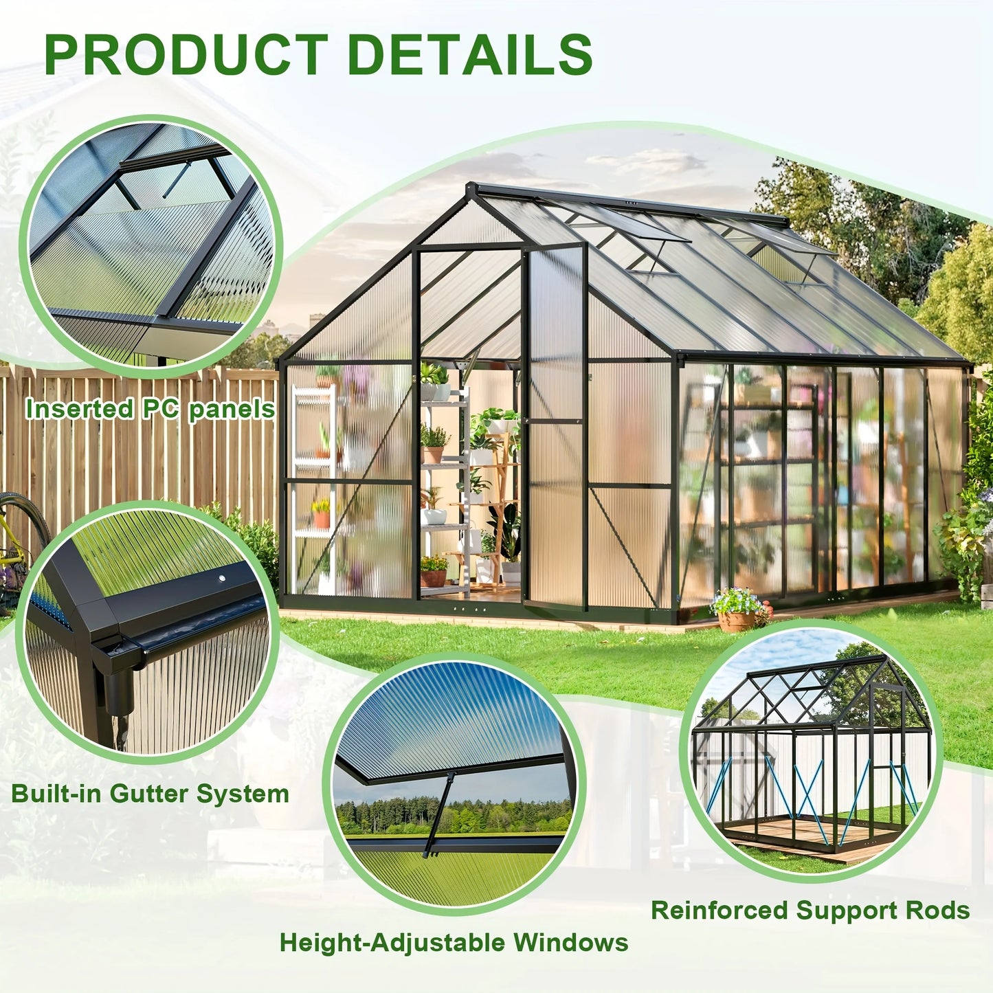 10X18FT Polycarbonate Greenhouse with Roof Vent