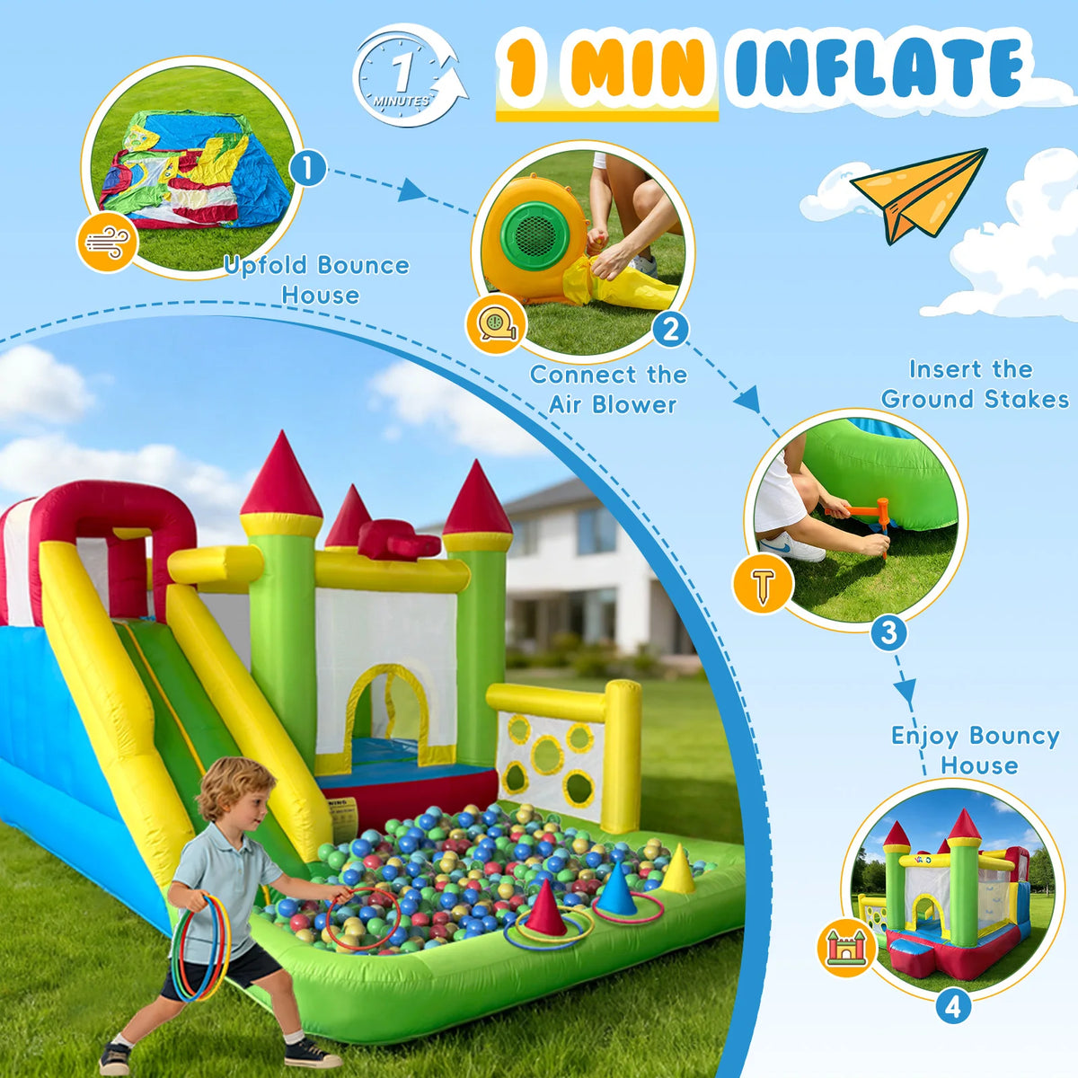 Inflatable Bouncy Castle Bounce House with Slide & Ball Pit Combo