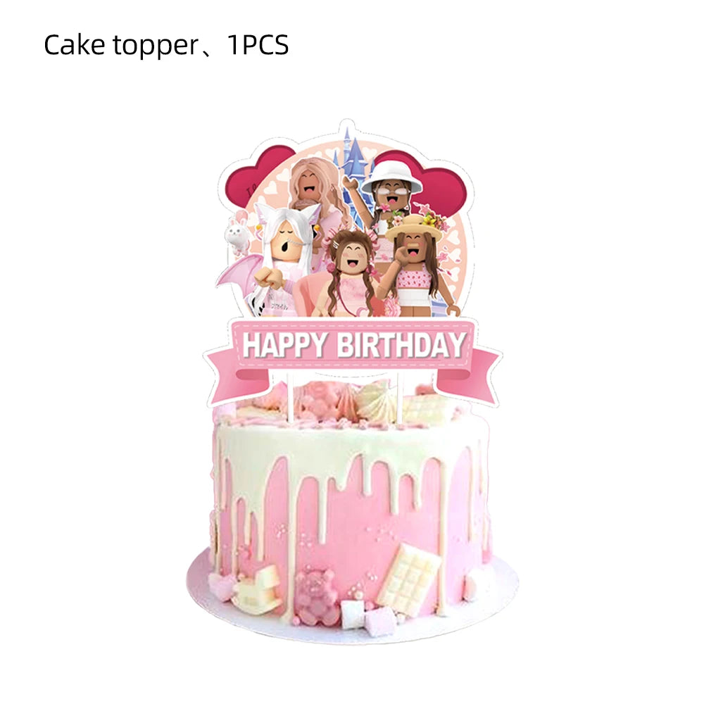 Pink Robloxed Theme Birthday Party Decorations Tableware Balloons Cups Plates Banner Backdrop Set