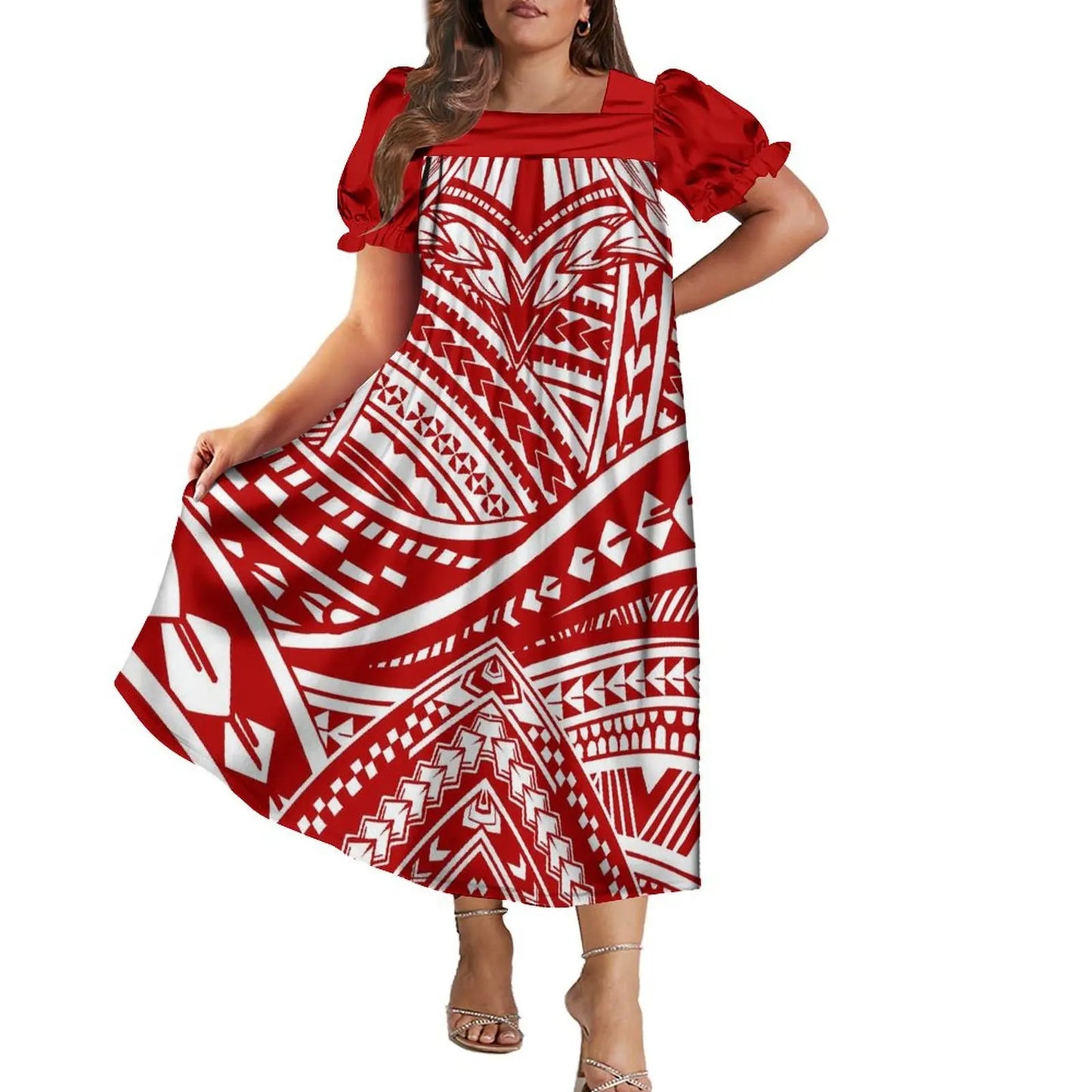 Women's Short-Sleeve Puff Sleeve Square Neck Midi Dress