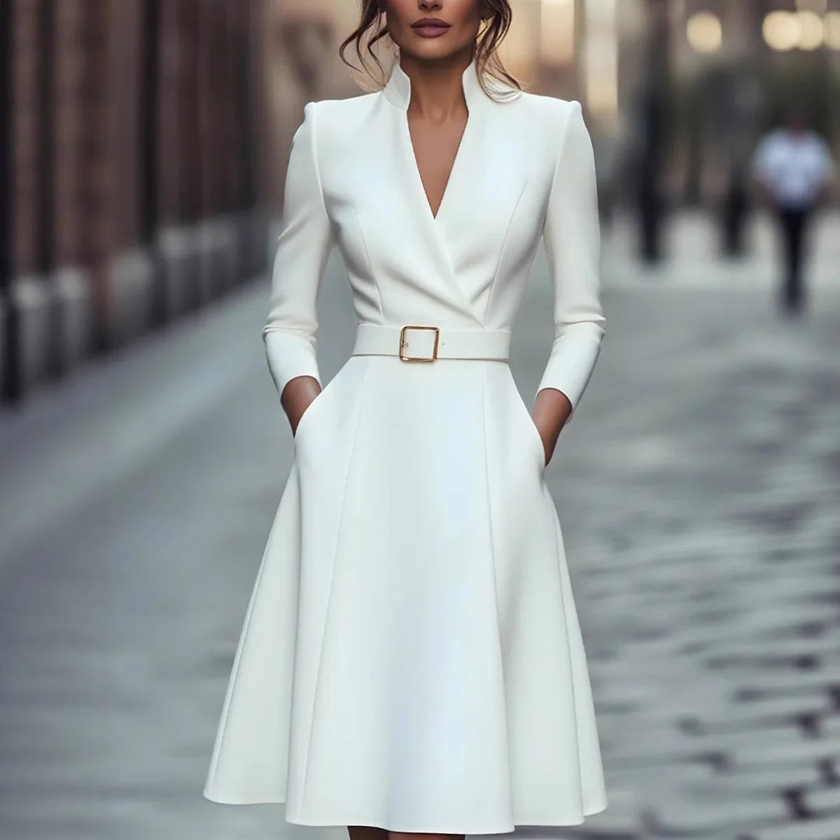 Solid Color V-neck A-line Belted Waist Dress